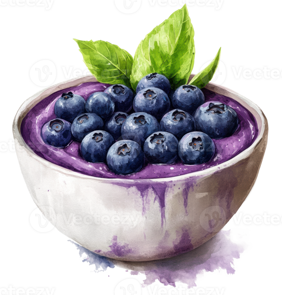 A bowl of creamy blueberry yogurt topped with fresh blueberries and mint leaves on a white background, cut out - stock . png