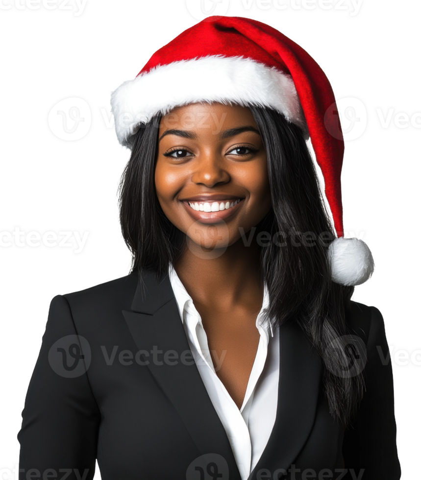 A woman in a Santa hat smiles warmly while dressed in a formal black suit against a white background during the holiday season, cut out - stock . png