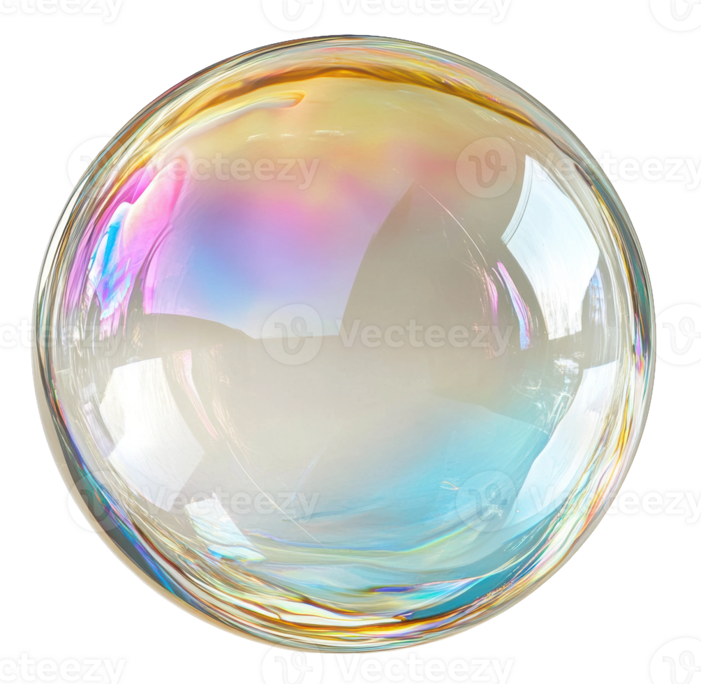A soap bubble reflecting colorful highlights against a plain backdrop in bright daylight, cut out - stock . png