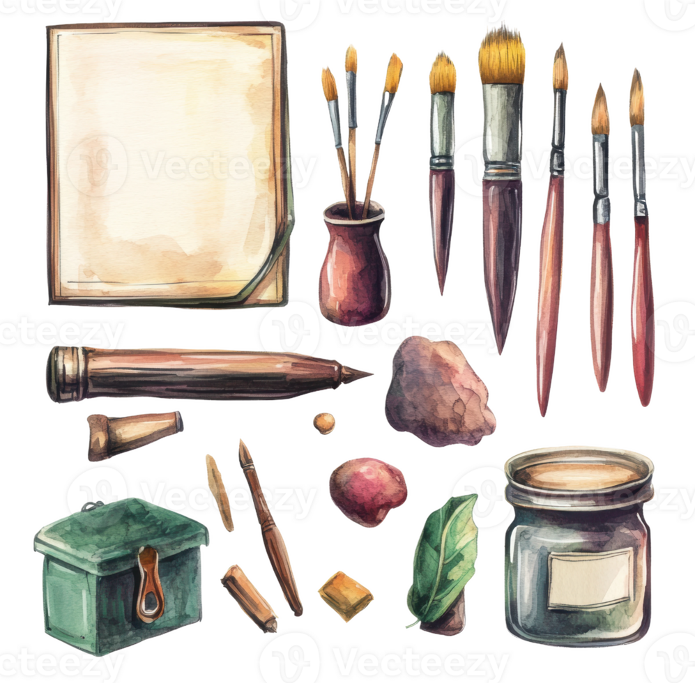 Art supplies and tools arranged on a white background with brushes, paper, and a jar of paint for creative projects, cut out - stock . png