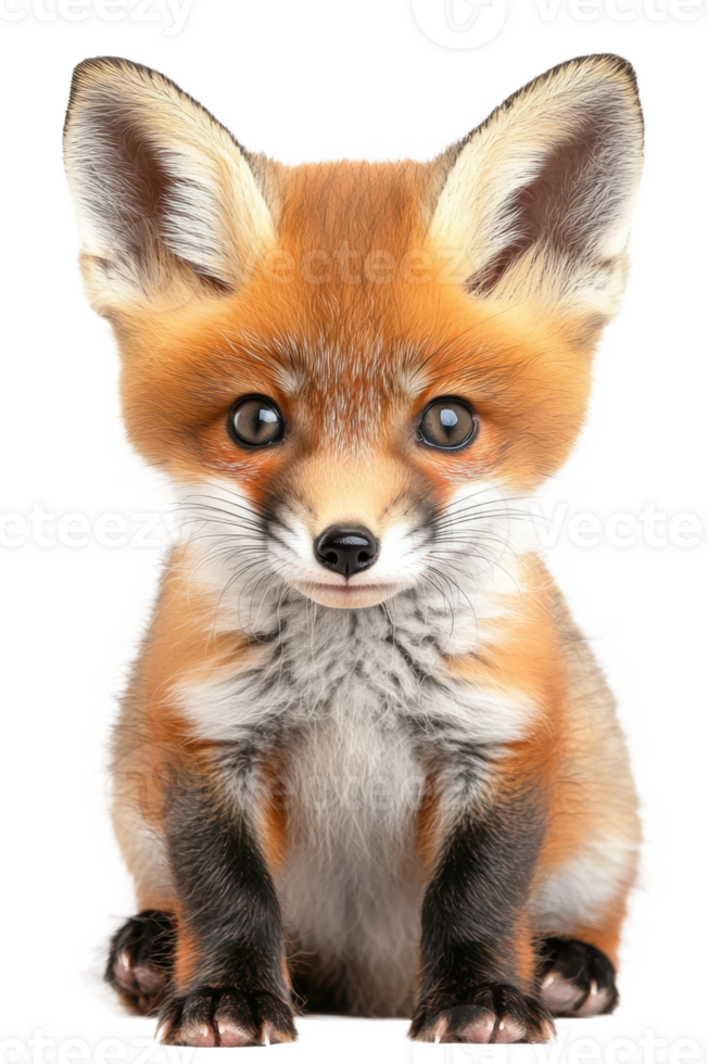 A young red fox cub sits on a white background, showcasing its bright fur and curious expression, cut out - stock . png