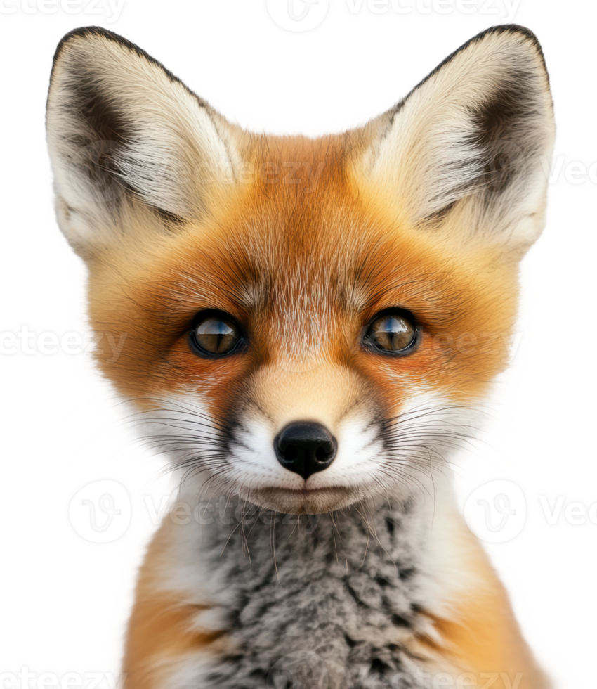 A close-up of a curious red fox with bright eyes and detailed fur against a white background, cut out - stock . png