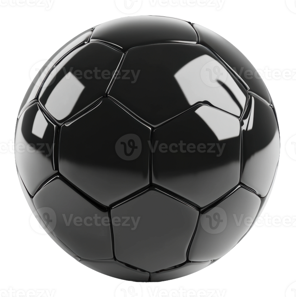 A shiny black soccer ball with hexagonal patterns against a white background, cut out - stock . png