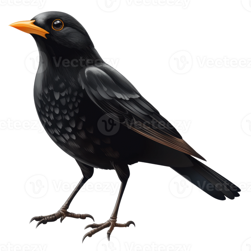 A common blackbird perches elegantly with a bright orange beak against a white background, cut out - stock . png