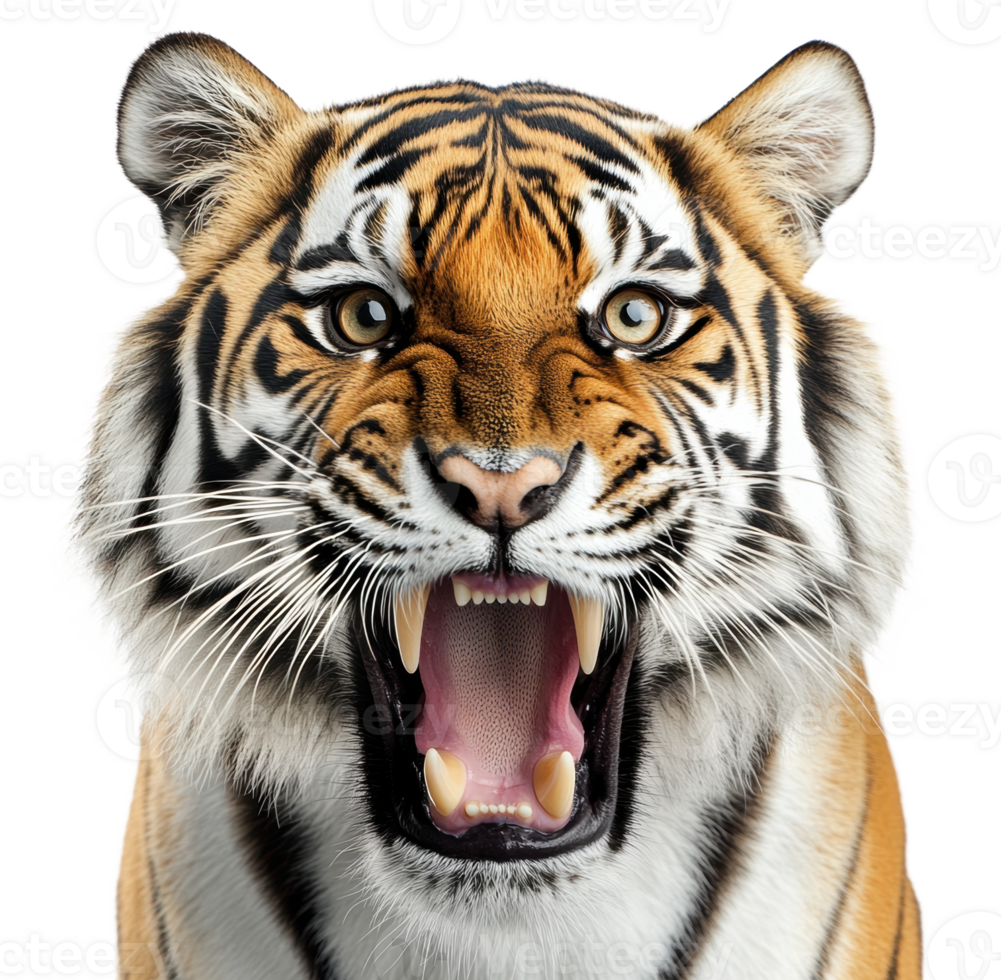 A roaring tiger displays its powerful presence against a white background, showcasing its vibrant fur and fierce expression, cut out - stock . png