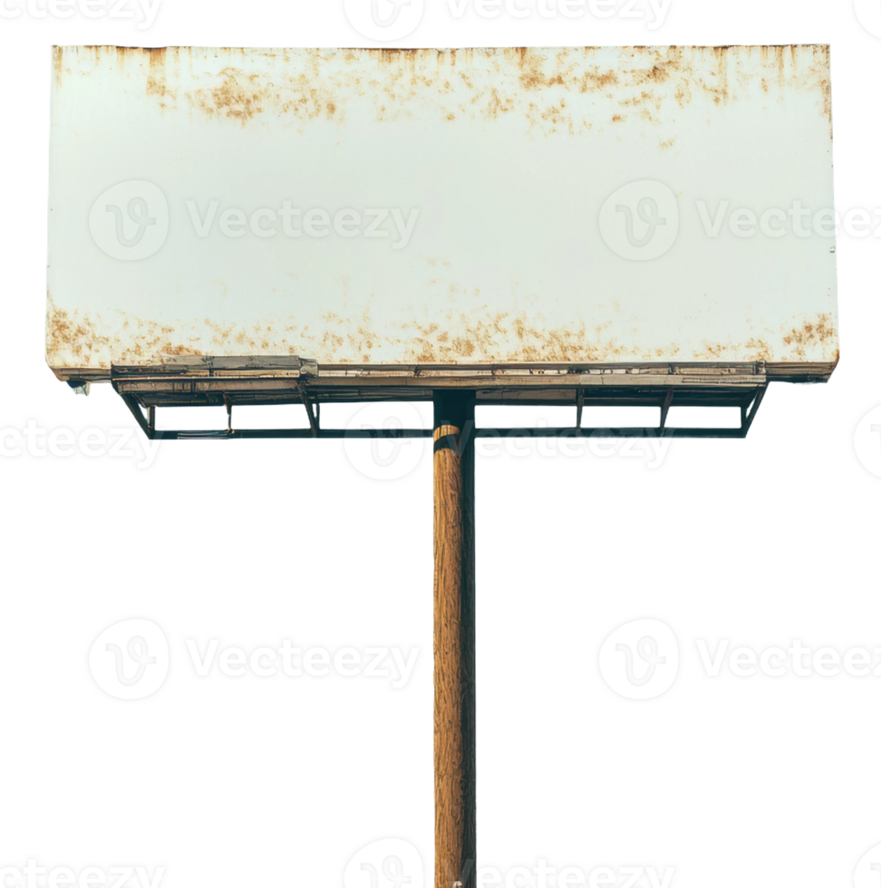 Rusty blank billboard on wooden pole against white background, cut out - stock . png