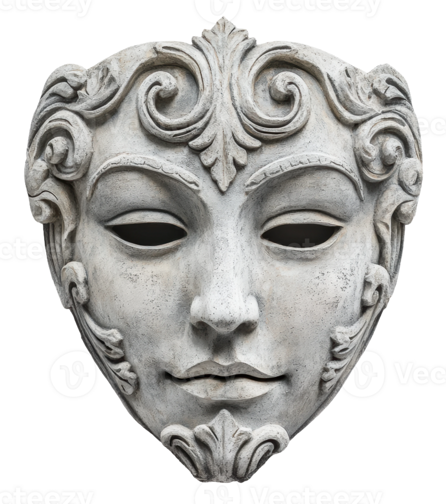 Decorative stone mask with intricate carvings displayed against a white background, cut out - stock . png
