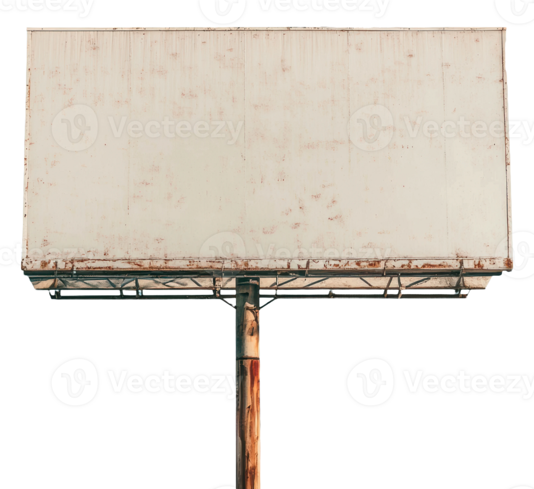 Blank billboard standing on a rusty metal pole against a white background, cut out - stock . png