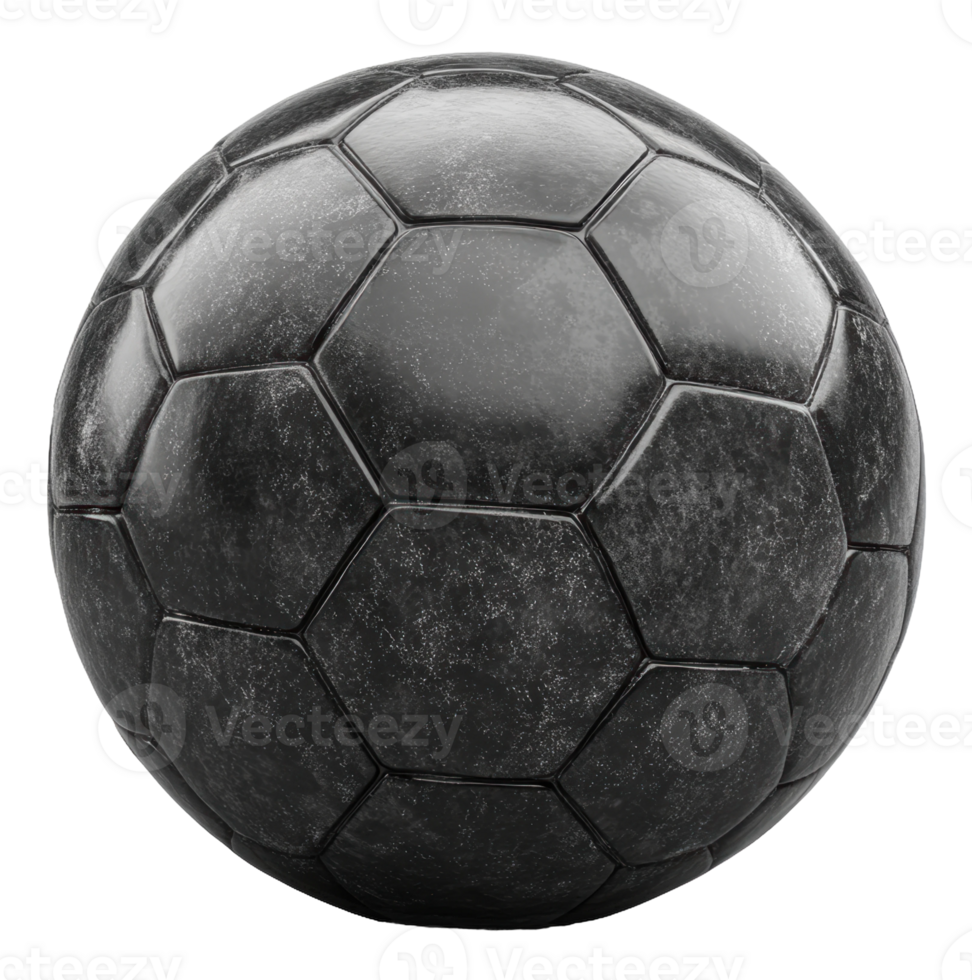 A black soccer ball on a white background showcasing its hexagonal pattern and textured surface, cut out - stock . png