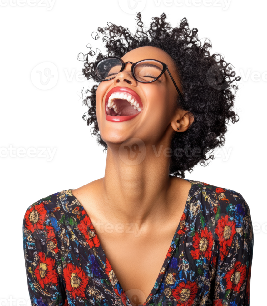 Woman with curly hair laughing joyfully while wearing glasses, set against a plain background, cut out - stock . png