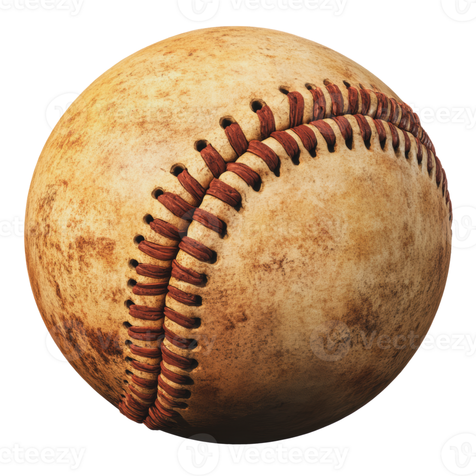 Vintage baseball with worn leather and distinctive red stitching on a white background png