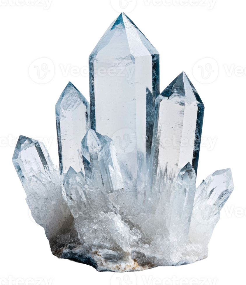 Clear quartz crystal cluster on a white surface, cut out - stock . png