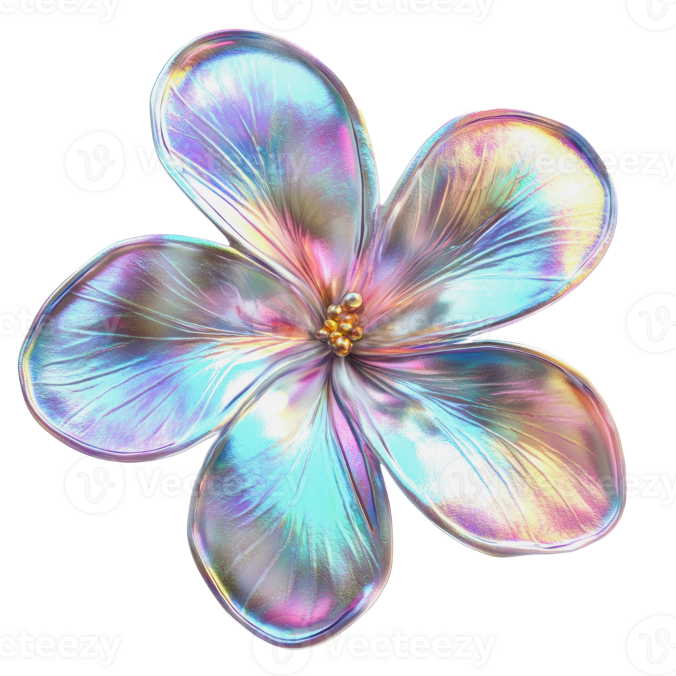 Colorful metallic flower with iridescent petals and golden center displayed on a white background png