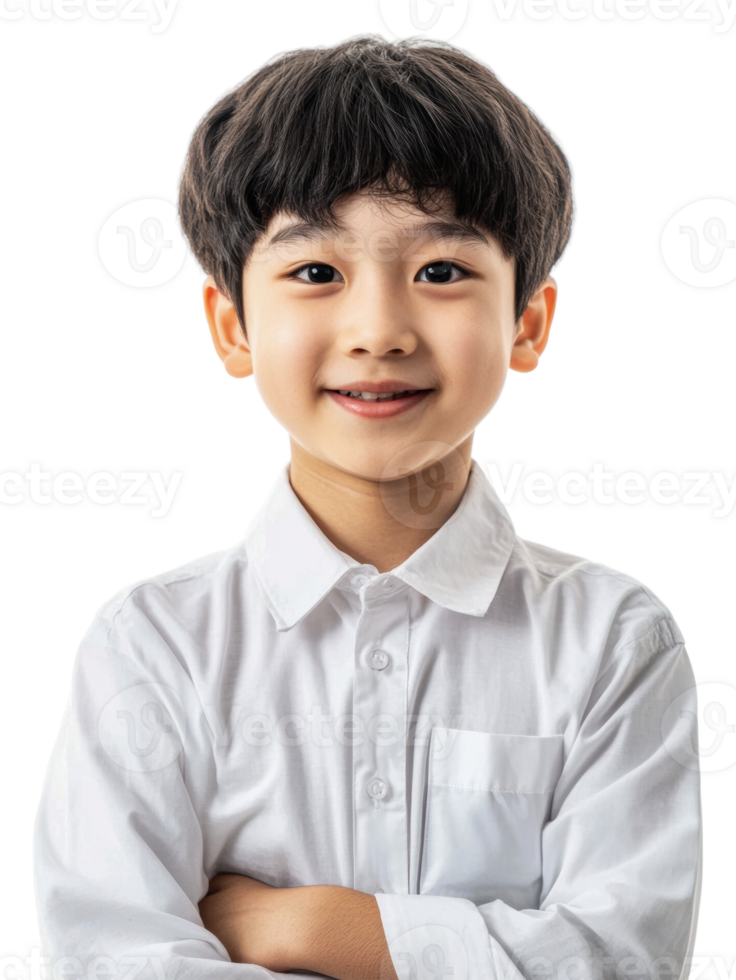 Boy in white shirt smiles, white background, cut out - stock . png