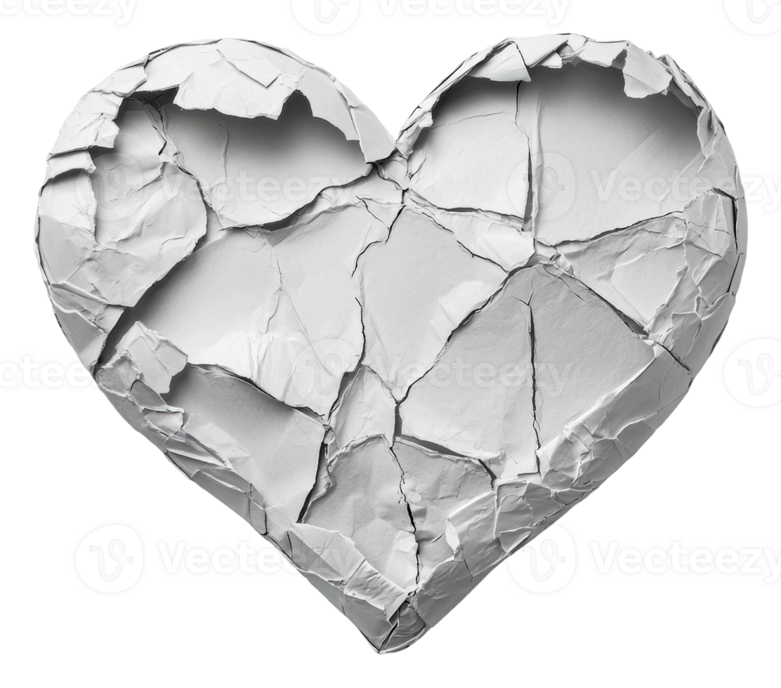 Cracked paper heart on white background, cut out - stock . png