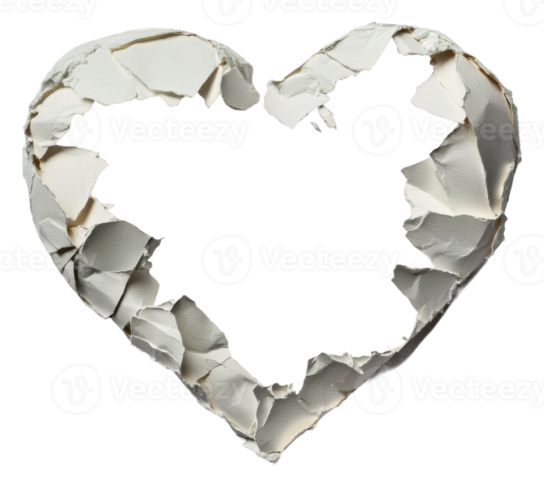 Torn paper heart shape on a white background, cut out - stock . png