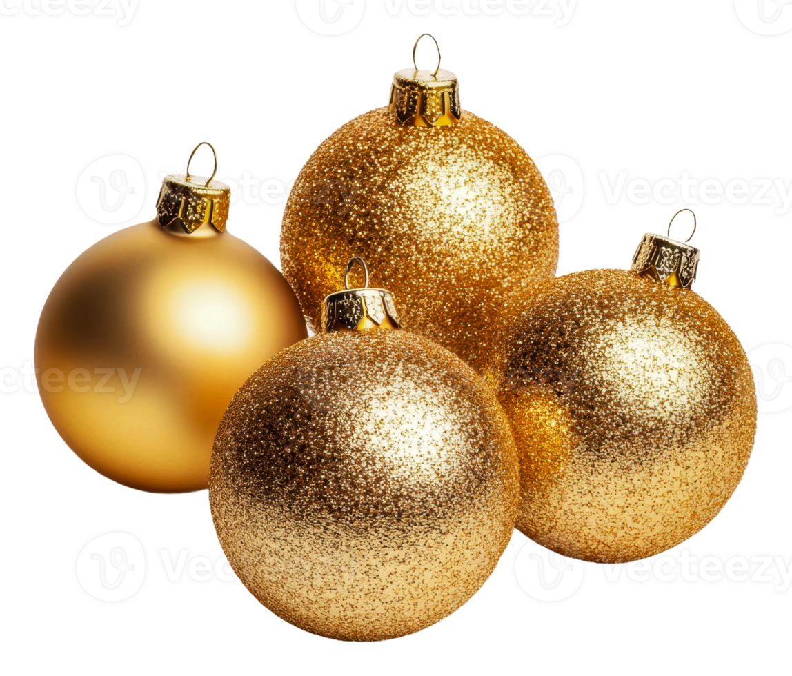 Gold glitter Christmas ornaments on white, cut out - stock . png