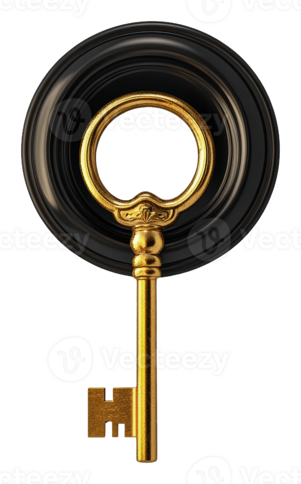 Golden key in decorative black circle png