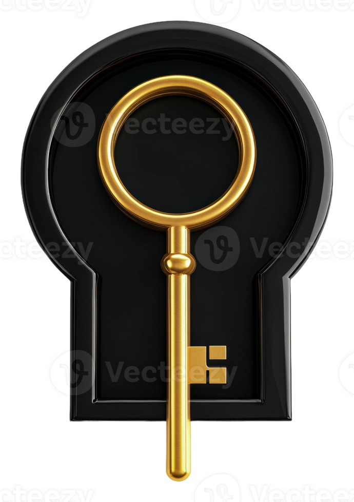 Golden key inserted into a black keyhole design png
