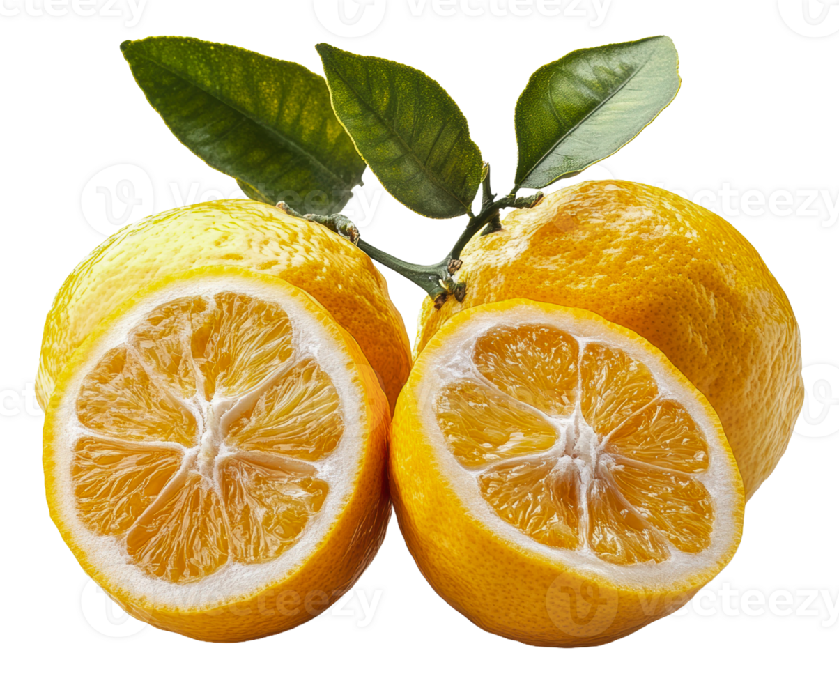 Halved yellow lemons with green leaves png