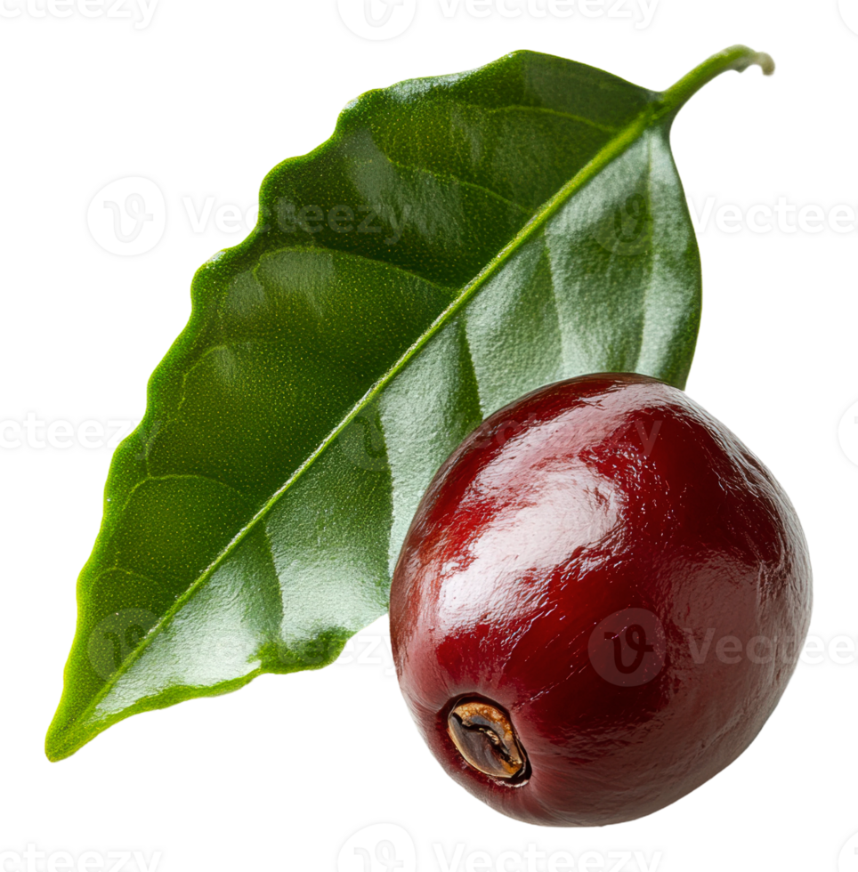 Dark red coffee cherry with green leaf details png