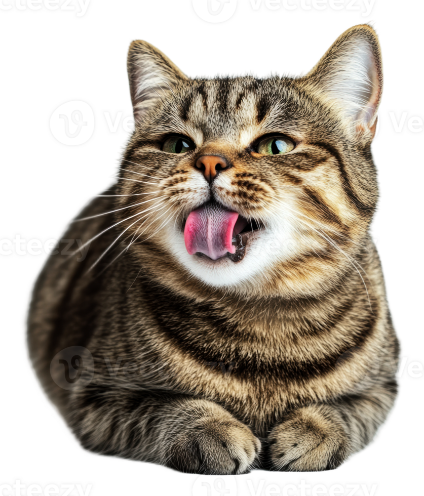 Playful tabby cat licking its lips indoors png