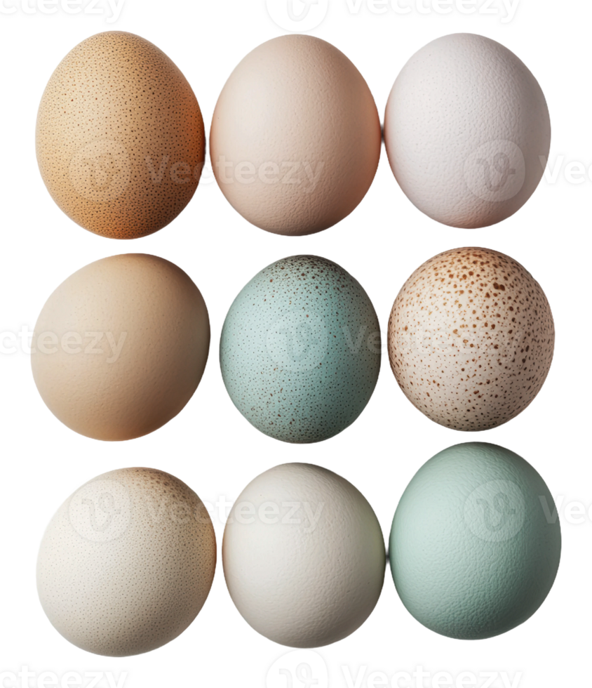 Various colored eggs arranged in a grid pattern png