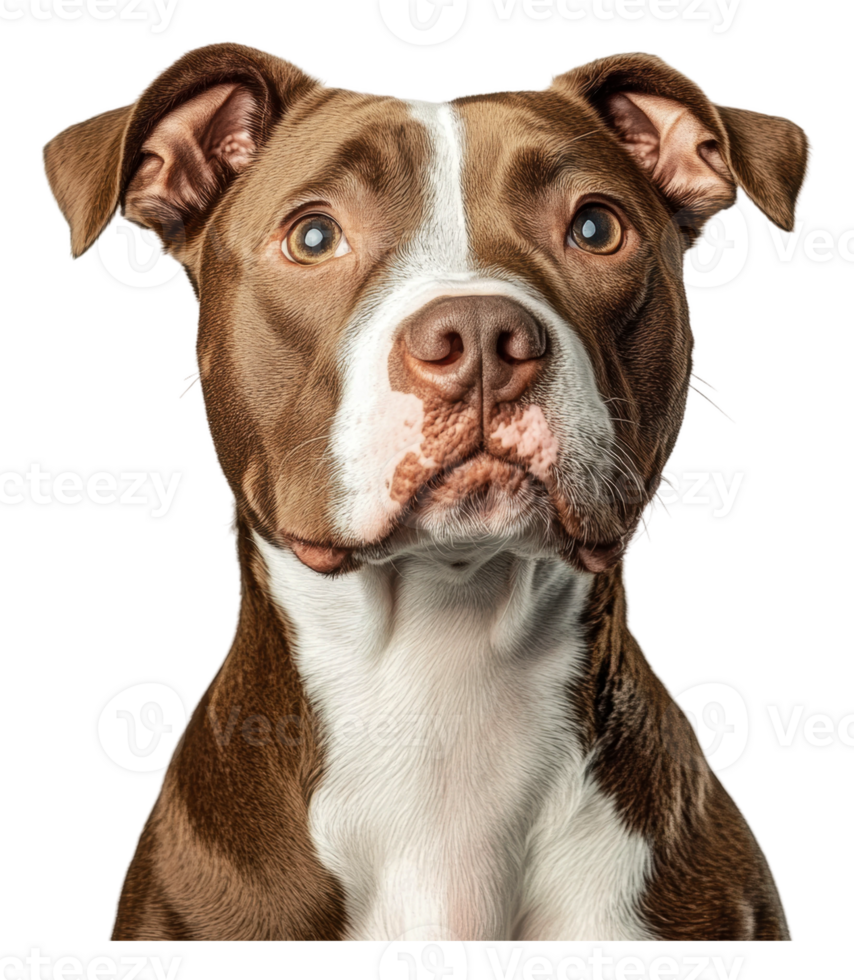 A brown and white pit bull looking at the camera png