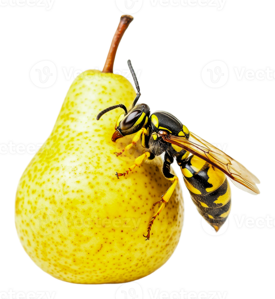 A yellow wasp perched on a ripe pear fruit png