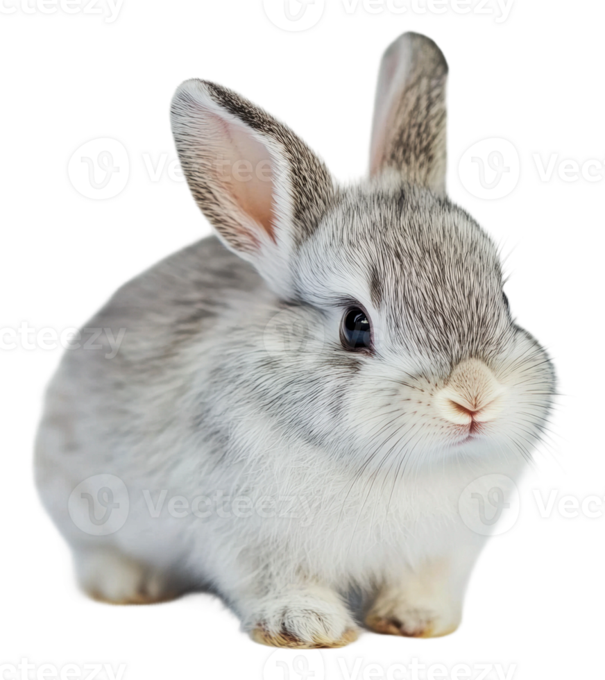 Cute gray and white rabbit sitting on the ground png