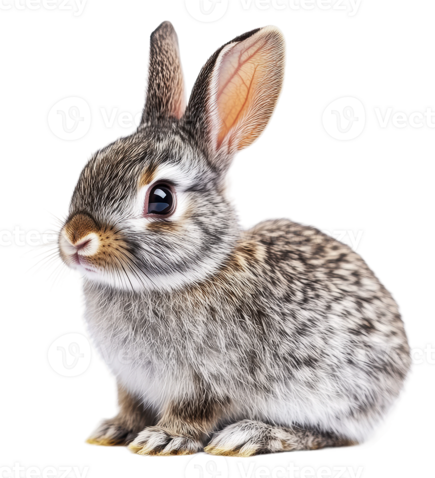 Curious gray rabbit sitting on a white surface png