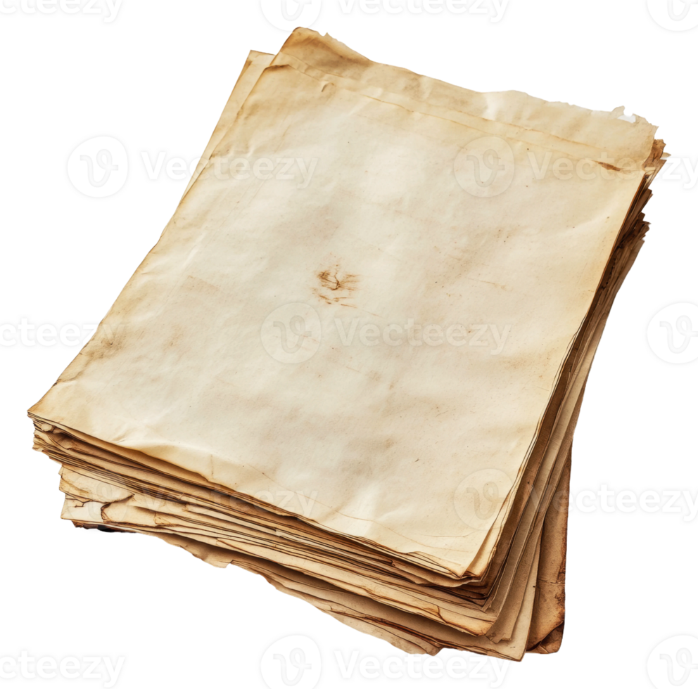 Old yellowed papers stacked on a white background png