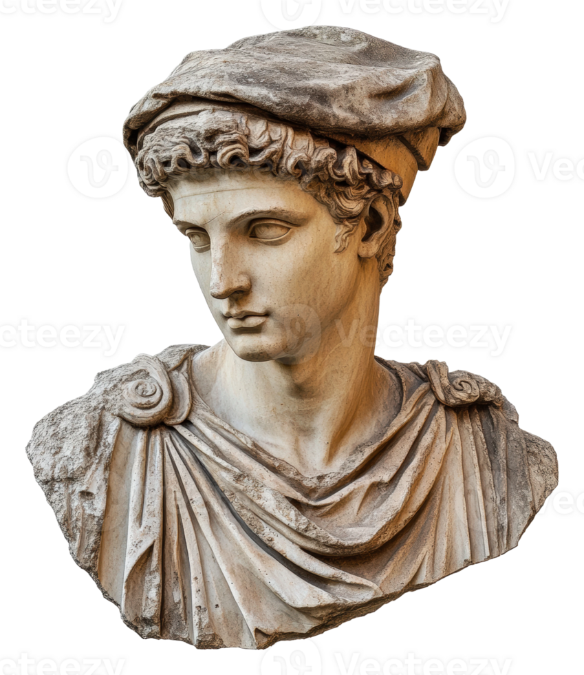 Ancient marble bust of a young roman man displayed png