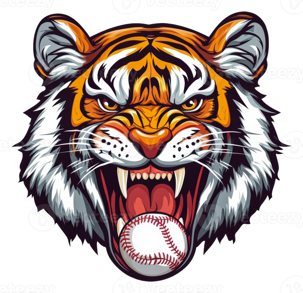Fierce tiger roaring with a baseball in its mouth png