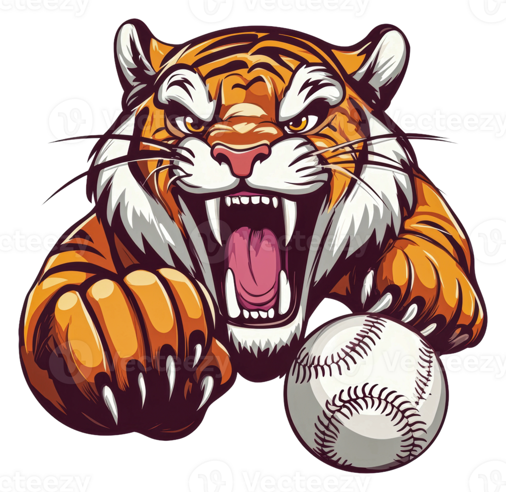 A fierce tiger lunges for a baseball in motion png