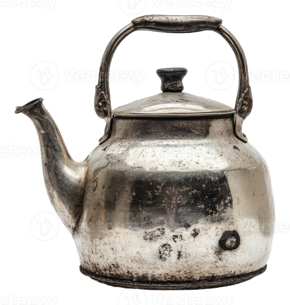 Vintage metal kettle resting on a wooden surface png