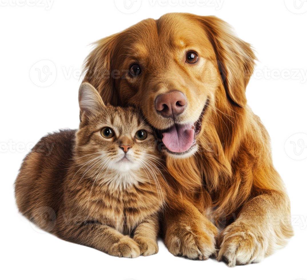 Golden retriever and tabby cat cuddling png