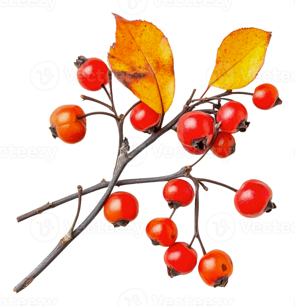 Bright red berries on a branch with autumn leaves png