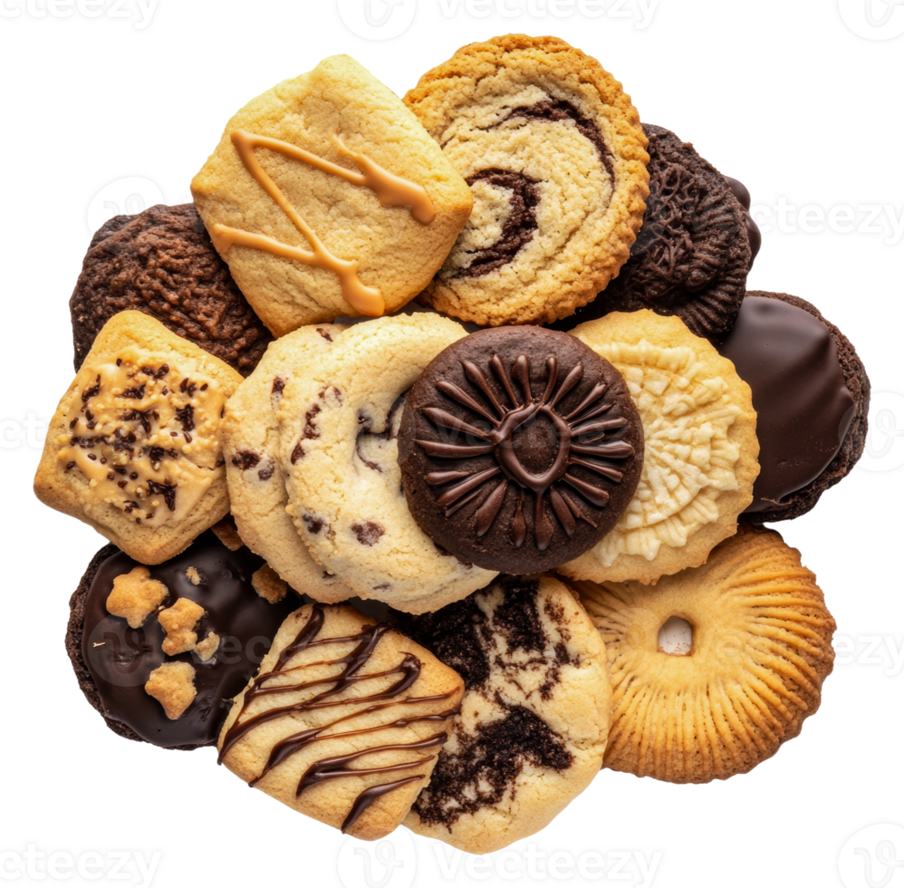 Assorted cookies displayed on a white background png