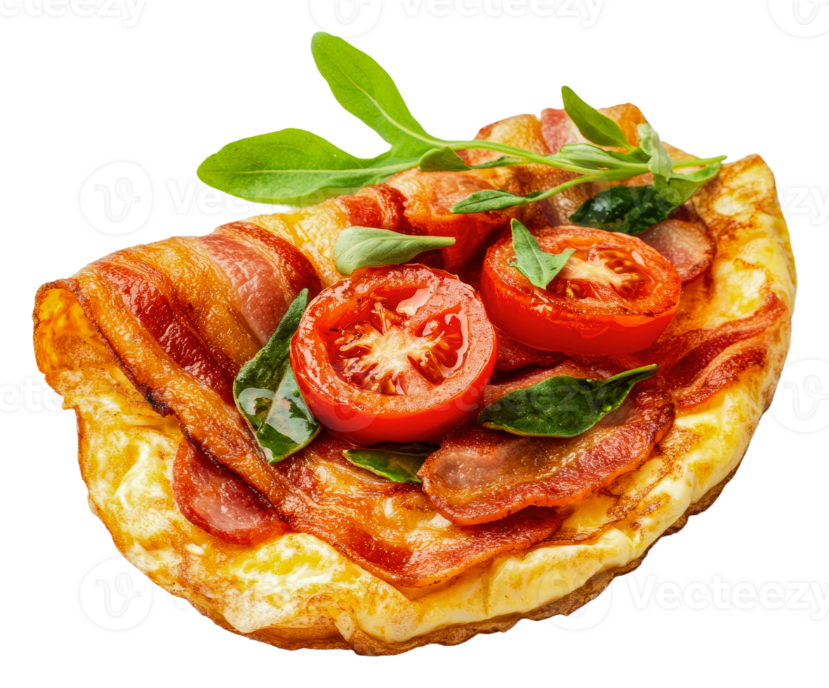 Delicious bacon omelette with tomatoes and herbs png