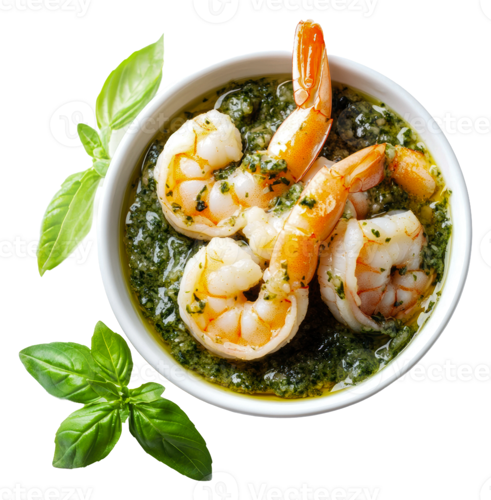 Shrimp with basil pesto on white png