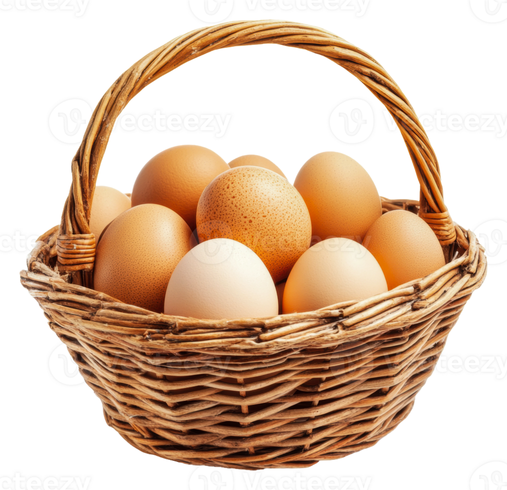 Fresh eggs gathered in a woven basket on display png