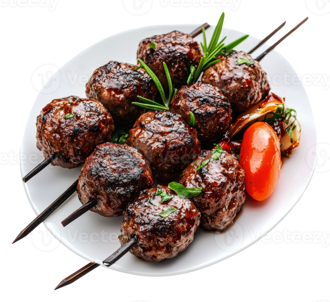Grilled meat skewers served with fresh vegetables png