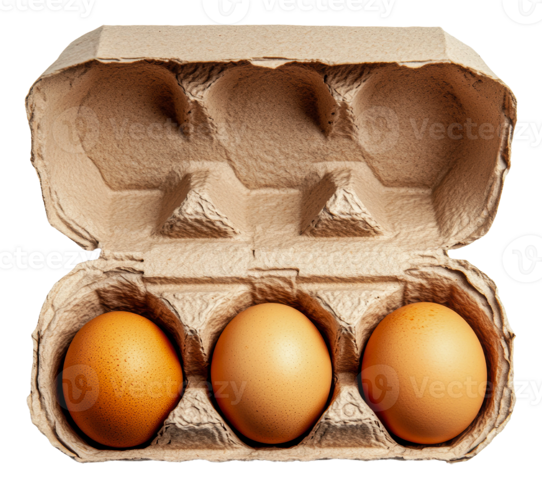 Three brown eggs in a cardboard carton on a table png