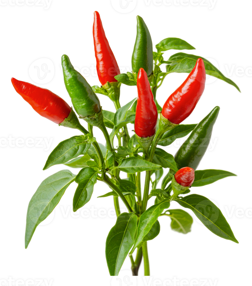 Colorful chili peppers growing on a plant png