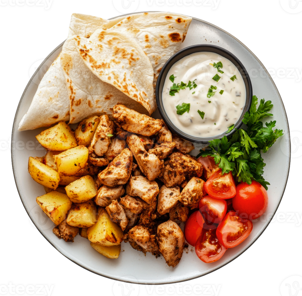 Grilled chicken dinner with potatoes and sauce png