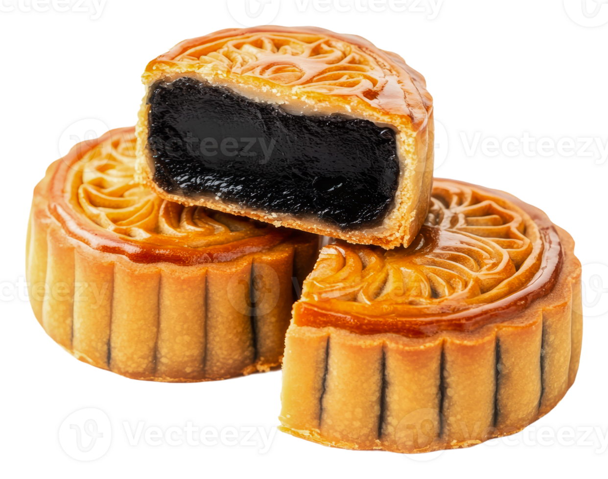 Mooncakes with black sesame filling cut in half png