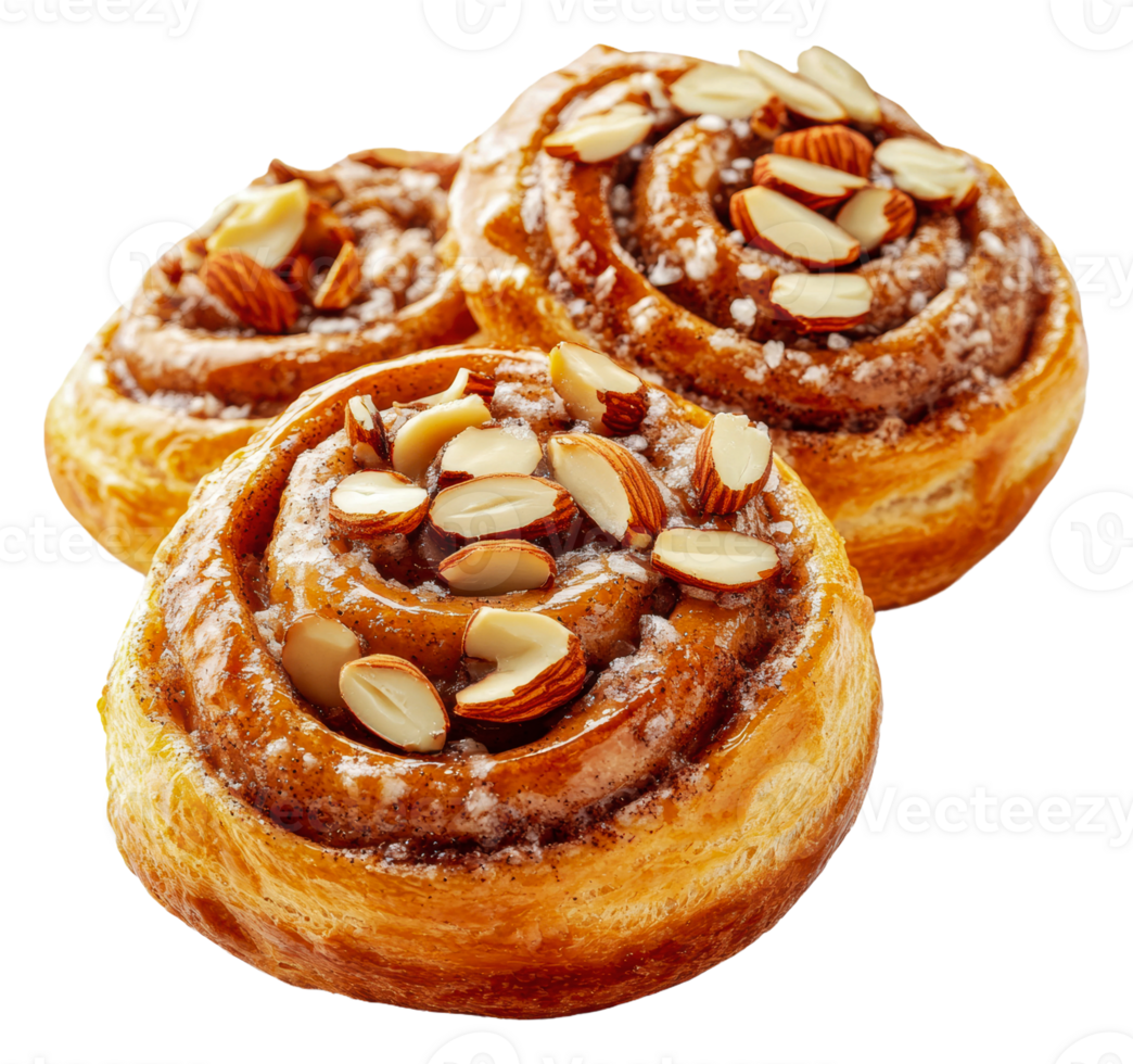 Freshly baked almond cinnamon rolls on a plate png