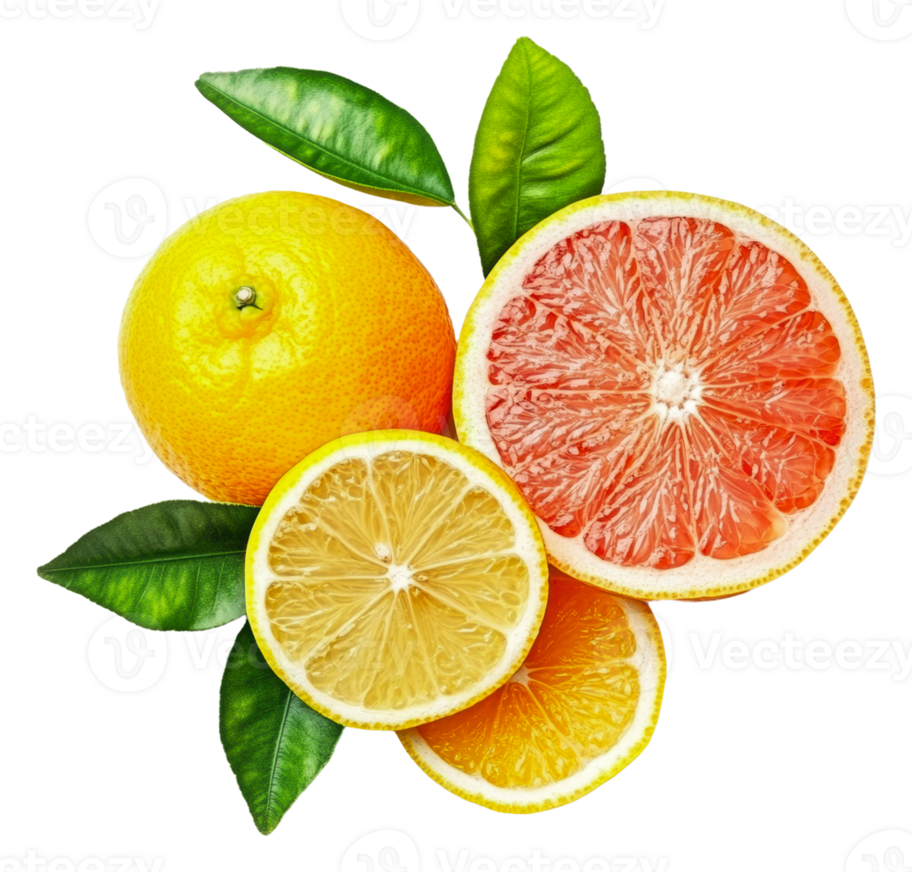Citrus fruits arranged with leaves png