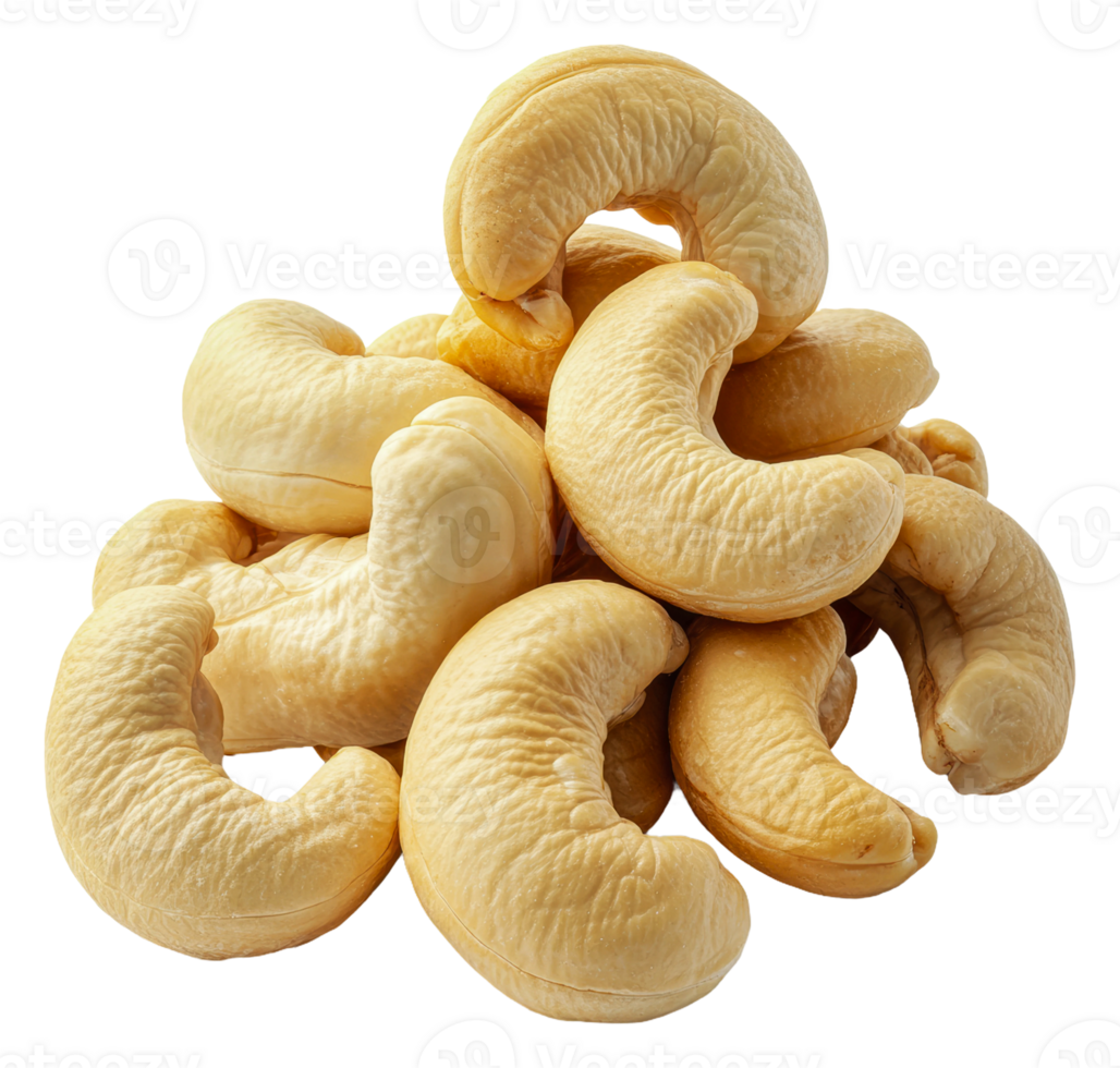 Freshly harvested raw cashews stacked on a table png